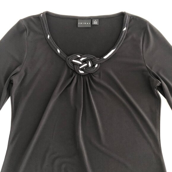 Tribal Scoop Neck 3/4 Sleeve Polyester Top w Knot Detail Black + White Sz S - Picture 3 of 9